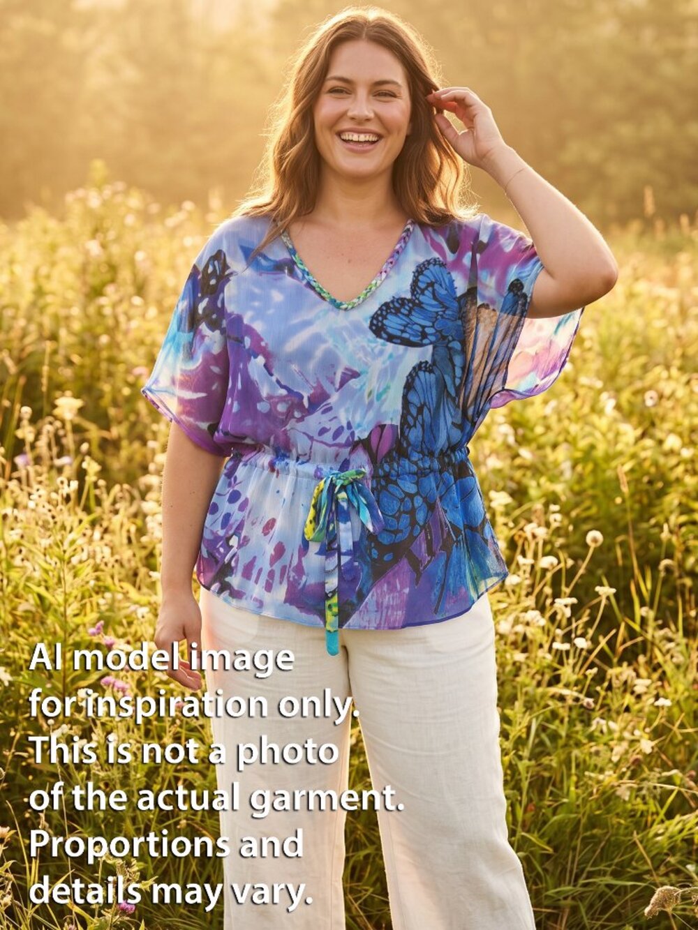 Alberto Makali Butterfly Sheer Beaded Dolman Blouse Blue Purple Green Y2K